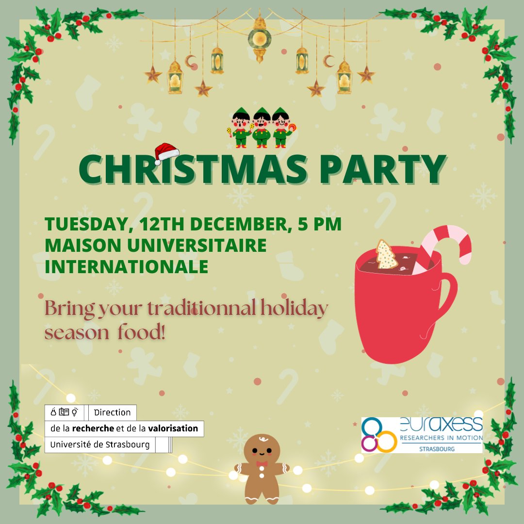 To celebrate the holiday season, we're inviting you to a #Christmas party🎅
Help us discover the food you eat in this season: bring it with you!

🗓Tuesday 12/12, 5pm
shorturl.at/aFY58
💫

#itstime #apero #researchers #unistra <a href="/unistra/">-</a>