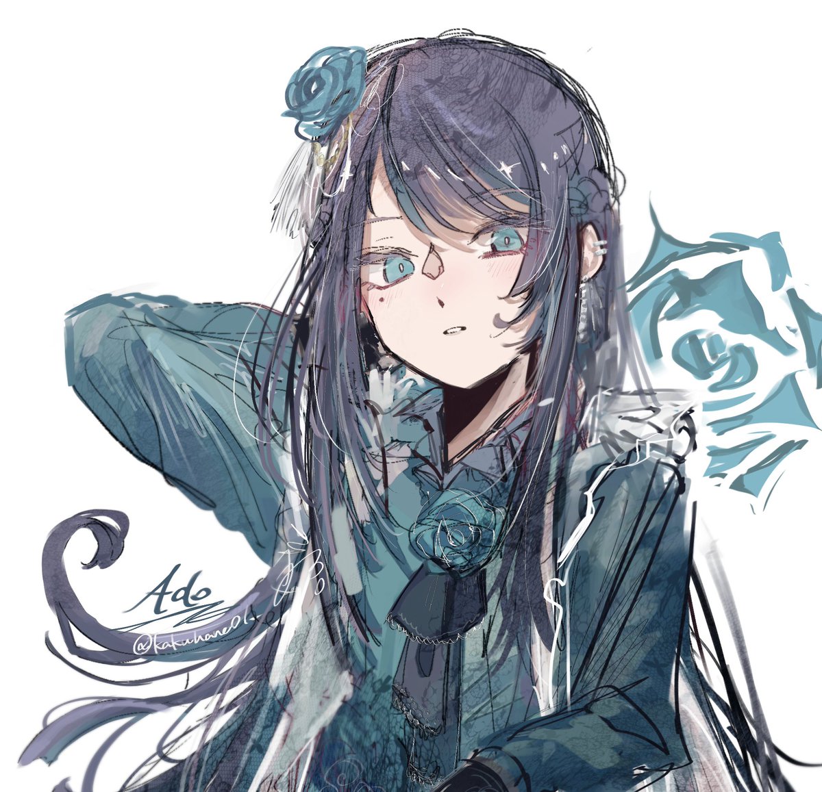 ado (utaite) solo long hair flower blue flower hair ornament 1girl white background  illustration images
