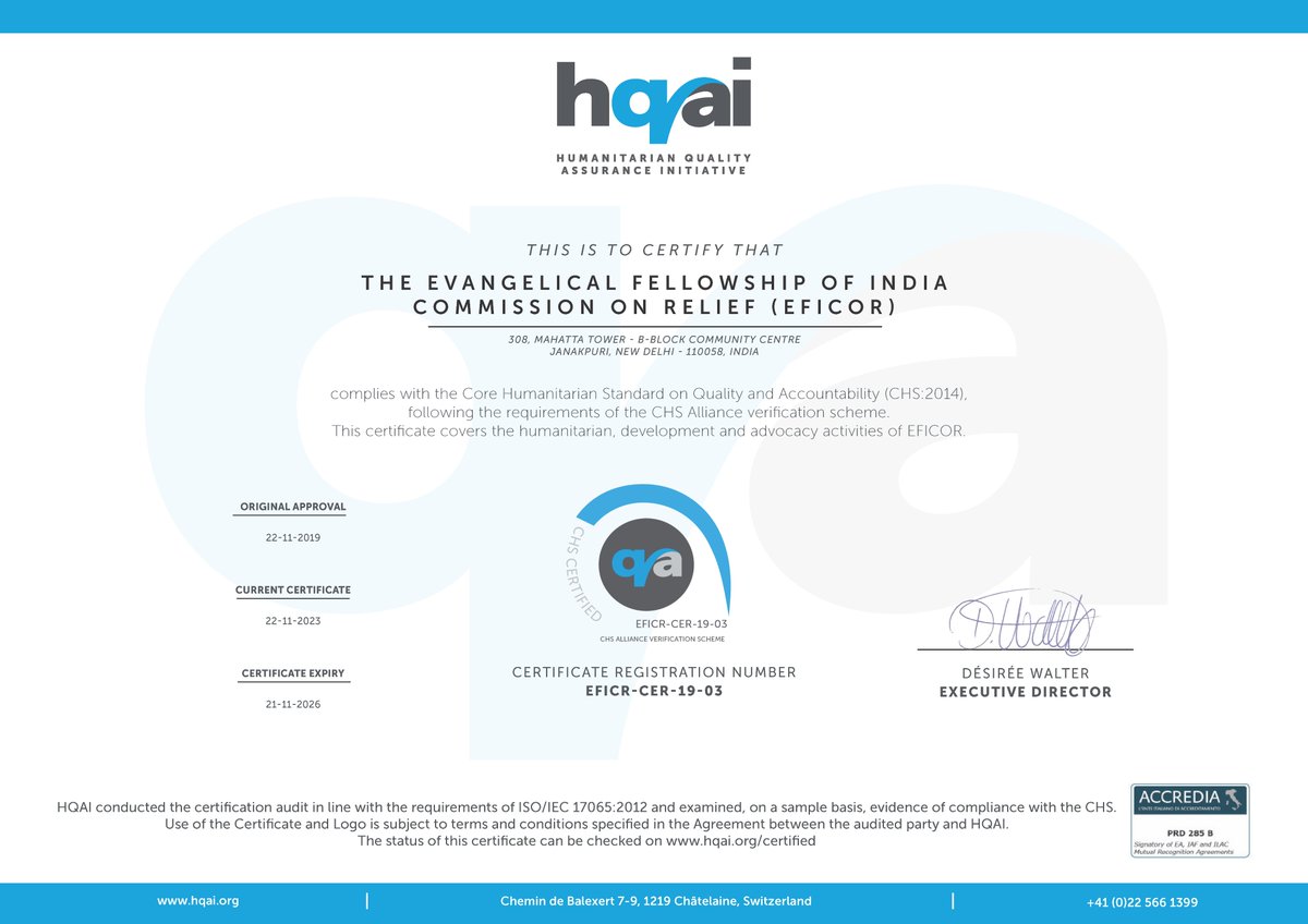 EFICOR_Delhi's tweet image. After a rigorous audit, EFICOR was awarded certification against the #CoreHumanitarianStandard by @_HQAI. We are happy to objectively demonstrate our strive for accountability and continuous
improvement for the sake of #affected populations. #MakeAidWork #certification #HQAI #CHS