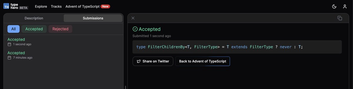 aminoxix's tweet image. new for me: filter via type, thanks @typeheroapp! 🙌

#day6 #AdventOfTypescript