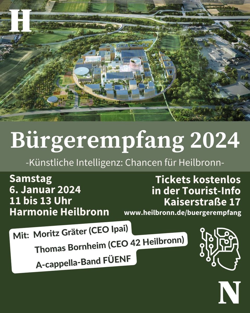 📅 SAVE THE DATE: 06. Januar, 11 Uhr 🚀
OB Harry Mergel lädt zum traditionellen Bürgerempfang in die Harmonie. Thema dieses Jahr: Künstliche Intelligenz: Chancen für Heilbronn. Mit Moritz Gräter (CEO Ipai) und Thomas Bornheim (CEO 42 Heilbronn). Infos heilbronn.de/buergerempfang