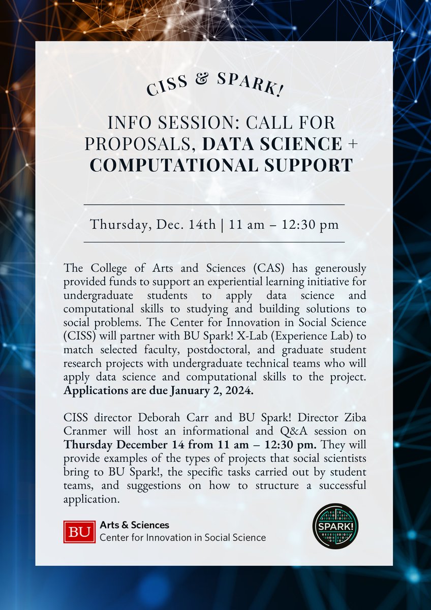 BU Center for Innovation in Social Science (@bu_ciss) on Twitter photo CISS and Spark! Invite Proposals From Social Scientists Seeking Data Science/Computational Supports! Register now for our upcoming information session - bu.edu/ciss/2023/12/0β¦ <a href="/bu_spark/">BU Spark!</a> <a href="/BU_CAS/">BU Arts & Sciences</a> <a href="/InnovateBU/">Innovate@BU - Boston University</a> <a href="/BU_CDS/">BU Computing & Data Sciences (CDS)</a> @BU_CCD CISS and Spark! Invite Proposals From Social Scientists Seeking Data Science/Computational Supports! Register now for our upcoming information session - bu.edu/ciss/2023/12/0β¦ <a href="/bu_spark/">BU Spark!</a> <a href="/BU_CAS/">BU Arts & Sciences</a> <a href="/InnovateBU/">Innovate@BU - Boston University</a> <a href="/BU_CDS/">BU Computing & Data Sciences (CDS)</a> @BU_CCD