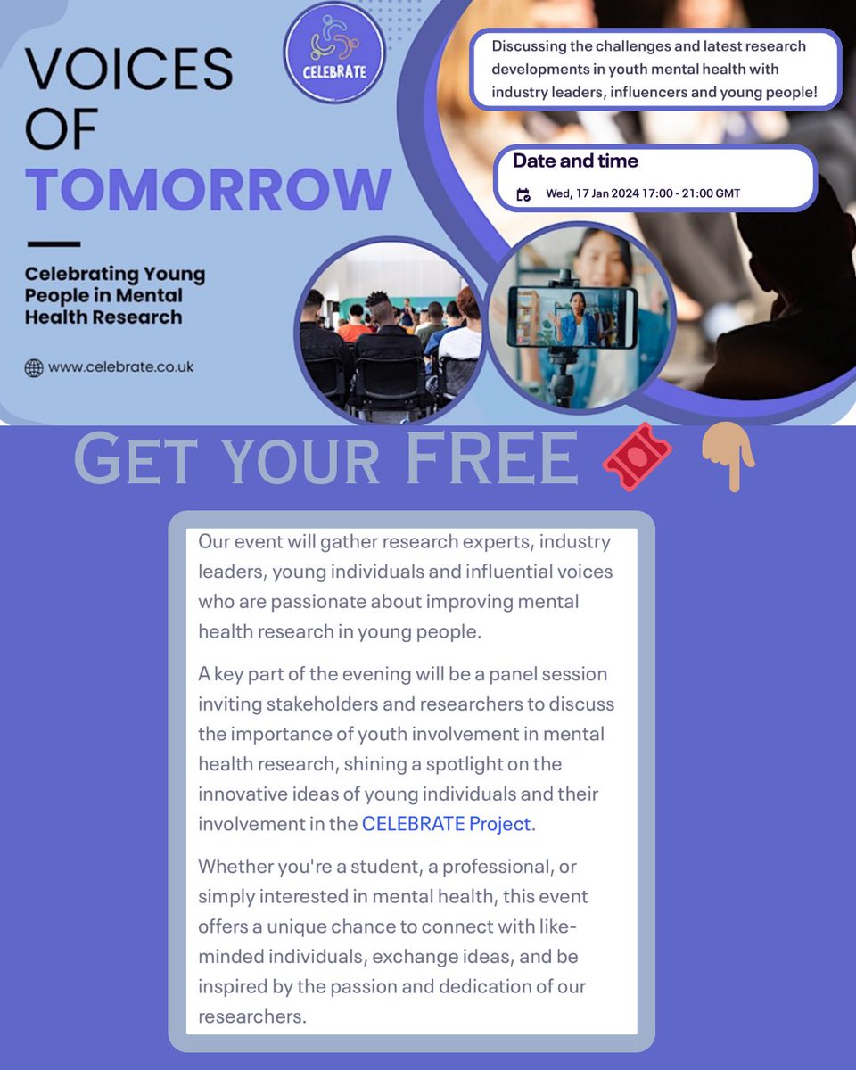 Dr Ally Jaffee (@drallyjaffee) on Twitter photo Delighted to be on the panel of the first <a href="/ProjCelebrate/">CELEBRATE Project</a> event.
Interested in #youthmentalhealthresearch❓
Get your free ticket & come along👇🏽
eventbrite.co.uk/e/voices-of-to…
Principal investigator: <a href="/paola_DZN/">Paola Dazzan</a>
<a href="/KingsIoPPN/">Institute of Psychiatry, Psychology & Neuroscience</a> <a href="/KingsCollegeLon/">King's College London</a> @ParianteLab <a href="/MQmentalhealth/">MQ</a> Delighted to be on the panel of the first <a href="/ProjCelebrate/">CELEBRATE Project</a> event.
Interested in #youthmentalhealthresearch❓
Get your free ticket & come along👇🏽
eventbrite.co.uk/e/voices-of-to…
Principal investigator: <a href="/paola_DZN/">Paola Dazzan</a>
<a href="/KingsIoPPN/">Institute of Psychiatry, Psychology & Neuroscience</a> <a href="/KingsCollegeLon/">King's College London</a> @ParianteLab <a href="/MQmentalhealth/">MQ</a>
