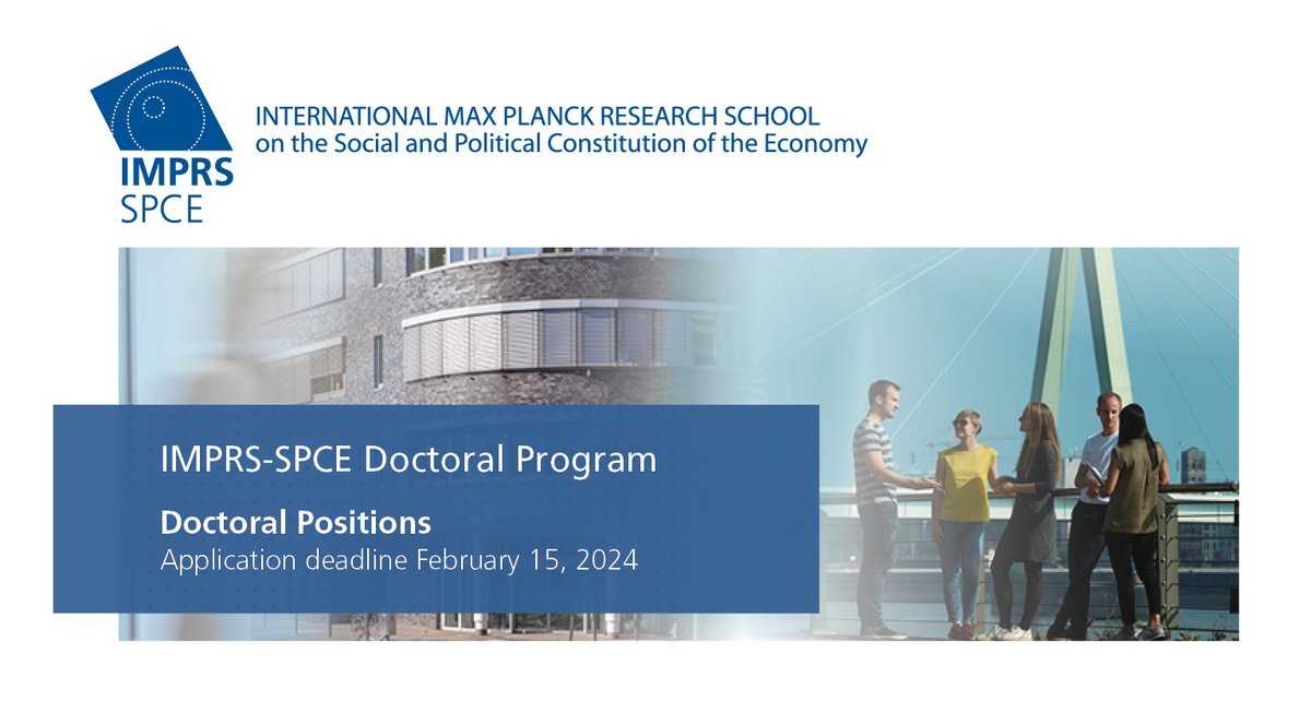 The IMPRS-SPCE, conducted jointly by @MPIfG_Cologne, @WiSoUniCologne, and @unidue as associated partners, invites excellent candidates to apply for its #doctoralprogram. We're offering #DoctoralPositions in #EconomicSociology & #PoliticalEconomy: career.mpifg.de/jobposting/24d…