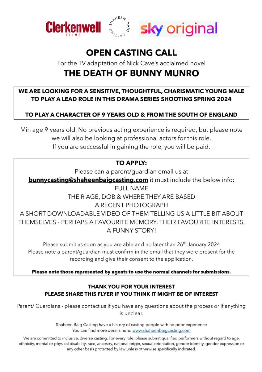 sbaigcasting's tweet image. We are #casting for a key role in the television adaptation of #NickCave novel #TheDeathofBunnyMunro 

Playing a nine year old male. You must be based in South England. Pls read flyer carefully.

We’d greatly appreciate you sharing. 
Thank you! 

ALT link: speechgen.io/en/speech/1158…