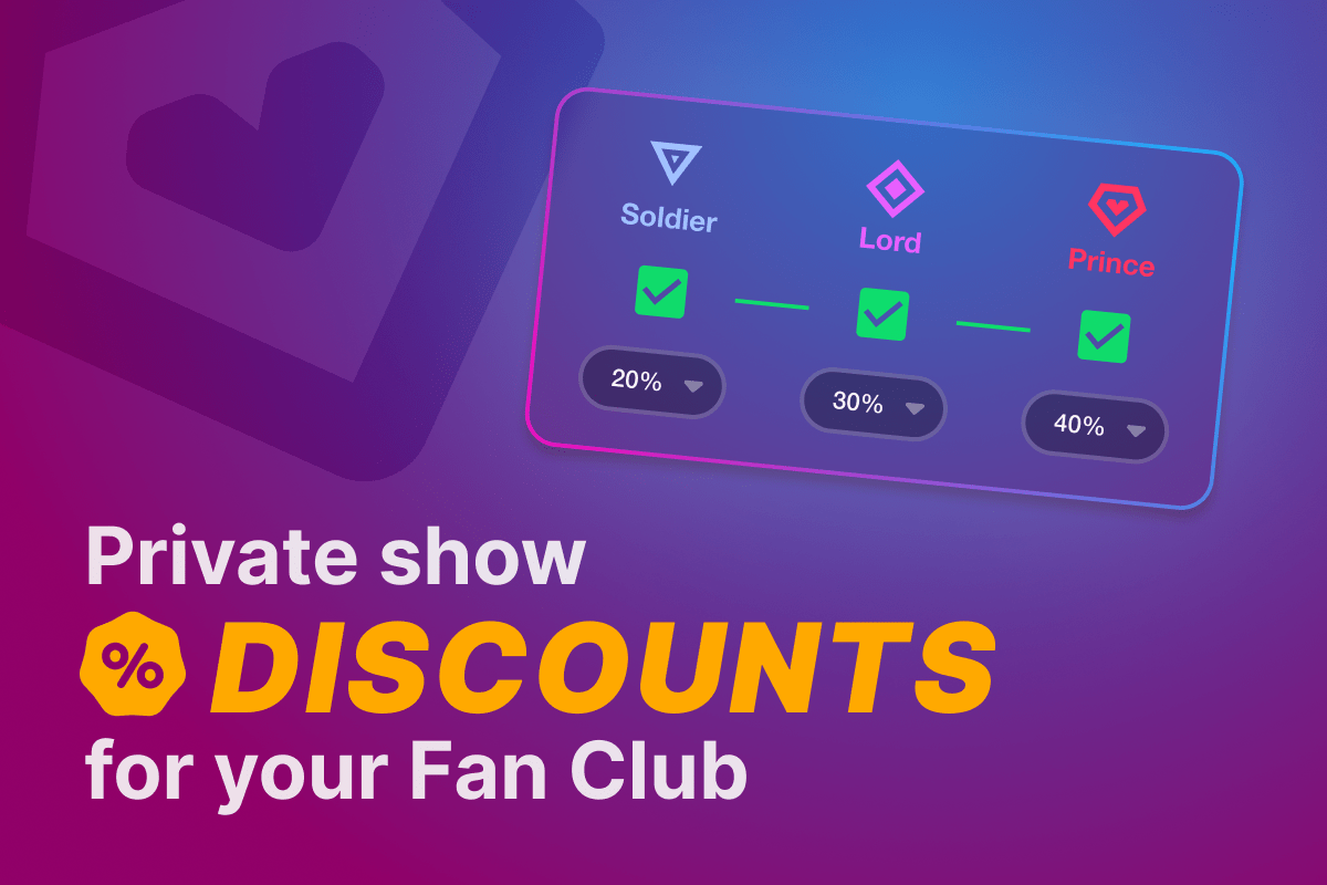 Grow Your Fan Club with Private Show Discounts!

You can offer 2 new Fan Club benefits: Private show discounts and Exclusive Private discounts. To set these discounts, you need to enable Private and Exclusive Private shows first.
