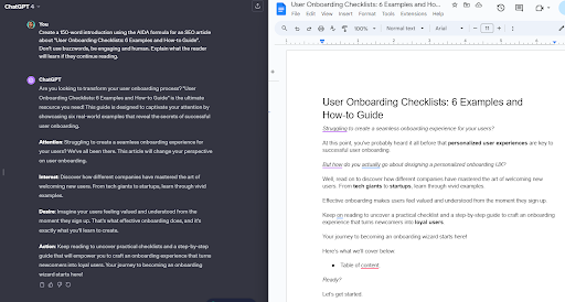 Nick_zv_'s tweet photo. [5 Formulas to Upgrade Your Content With ChatGPT]

ChatGPT can’t write content for you.

But it CAN help with the writing process.

All you have to do is introduce formulas and specific use cases in your prompts.

Here’s how to upgrade your content with ChatGPT in under 5 minutes.👇

Tl;dr:

1. Creating quality SEO intros in under 5 minutes with these 2 formulas

2. Creating high CTR blog headlines that get clicks like crazy

3. Transforming features to benefits for better CTAs and copy

4. Coming up with and overcoming objections to build trust with your readers

5. Being ultra creative in your link-building outreach email

1. Creating Quality SEO Introductions In Under 5 Minutes

Most SEO articles begin the same way:

- According to HubSpot…
- SEO stands for search engine optimization and it’s…
- X is an ever-changing industry… 

Boring.

A great introduction should:

- Explain who it’s for 
- Why it’s relevant for the reader
- What they will learn if they continue reading

To speed this up, I ask ChatGPT to use an engaging introduction under 150 words about X topic using AIDA. Considering this took ~5 minutes to edit and structure - that is very solid.

Here, you can also use PAS, Before-After-Bridge, Problem-Solution-Proof, and more.

Here’s the prompt you can copy and adjust:

“Create a 150-word introduction using the AIDA formula for an SEO article about “User Onboarding Checklists: 6 Examples and How-to Guide”. Don’t use buzzwords, be engaging and human. Explain what the reader will learn if they continue reading.”

2. Creating High-CTR Headlines

CTRs are a bit tricky.

But imagine you have a better, more curiosity-driven headline than what’s ranking at #1.

If that’s the case, more people might start clicking on your article ranking #2 instead of #1.

Which, in turn, makes you more likely to go up the rankings.

Most headlines are based on templates, not formulas.

So, to create quality headlines with ChatGPT, I make sure to include curiosity-driven elements instead. Such as:

Here’s the full prompt for you to copy:

“I’m creating an SEO, how-to article about “saas content production” (make sure to use this main keyword as it is without editing). Create an SEO headline under 70 characters that considers the following. Note that you don’t have to satisfy all criteria. Give me 5 variations and angles.

Headline Checklist: 
Evokes Curiosity 
Calls out pain point 
Promises solution 
Specific 
Simplicity 
Credibility/address skepticism  
Time frame to achieve results of promise”

3. Transforming Features To benefits

This is ideal if you’re creating bottom-funnel content or landing page copy for SaaS tools.

Since the goal is to convert potential customers, it’s crucial to shift focus from features to benefits.

Let's say you're crafting content for an email marketing SaaS. 

Instead of merely listing features such as personalization at scale, multichannel prospecting, integrations, and inbox warming, you can employ the Features-to-Benefits formula to make the content more compelling.

Then, instead of doing a ton of research or trying to come up with practical benefits, you can simply use ChatGPT with a prompt like this one:

“I'm creating a landing page for an email marketing tool with features such as email outreach, smart campaigns, dynamic image & gif personalization, and scraping LinkedIn searches.

Transform those features into compelling benefits. Craft persuasive sentences that highlight the positive impact on users. Be human and specific. Come up with 3 benefits for each feature.“

The output:

Email Outreach -> Connect with more leads in less time, automatically tailor message to each recipient, automate follow-ups and save time.

Smart Campaigns -> Adapt outreach based on lead behavior, understand campaign performance at a glance and make data-informed decisions, adjust campaign priorities to speed up outreach.

Dynamic Image & GIF Personalization -> Stand out in every inbox, capture and spark attention, create a unique experience for every user at scale with 0 tech knowledge.

And so on…

4. Coming Up With And Overcoming Objections

By proactively handling objections, you demonstrate understanding and build trust with your readers. 

Prompt ChatGPT to anticipate objections your target audience might have. And provide provide convincing responses to overcome them.

This not only strengthens your content but also positions you as an authoritative and reliable source.

Here’s the prompt:

"Identify and overcome potential objections related to my services page about SEO link building. Anticipate concerns or doubts readers might have and provide convincing responses. 

Give me 3 objections and responses that reassures the audience. Turn potential objections into reasons to trust me. Be empathetic and solution-oriented. Give short but authoritative answers, from the point of view of an expert in the industry."

You can also use this structure for your:

- Call to actions
- Landing page
- Lead generation
- And more

5. Being Ultra Creative In Your Email Copy

Last but not least, here’s how I use ChatGPT to make sure my outreach emails are:

- Funny to disarm the recipient
- Very conversational, yet direct
- Focused on building relationships
- Creative, human, and authentic - even if I know nothing about the niche

Imagine you're creating a link-building outreach campaign, targeting articles that rank for "weight loss without cardio".

With this prompt, you can come across as ACTUALLY interested and passionate about the niche - with 0 unique personalization!

Here’s how:

And the prompt for you to adjust:

“Imagine you're a link-builder emailing a prospect asking for a backlink placement. The prospect is a blogger in the fitness niche who has an article about "losing weight without diets".

I want you to create a one-liner introduction for my outreach email that shows you're actually interested in fitness. This can be a pun, a joke, or something creative like that.  Do NOT start your email with "I recently stumbled upon..."

Make it funny, creative, and short. Give me 3 variations.”

Not bad, right?

Might need some small edits, but those hooks are guaranteed to stand out and disarm your recipients.

>>>Need help with SEO content writing? We’ve managed to rank hundreds of articles written for our clients. DM me for a free SEO consultation!<<<
