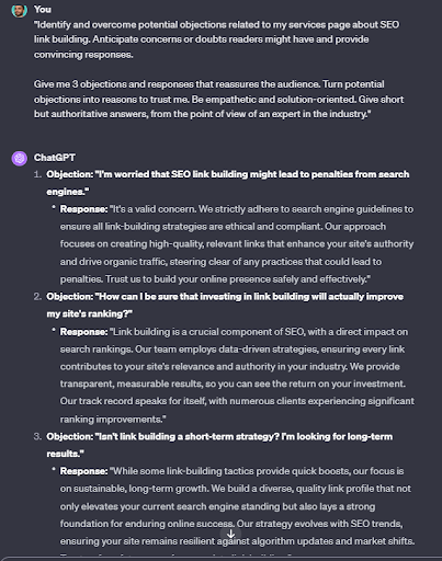 Nick_zv_'s tweet photo. [5 Formulas to Upgrade Your Content With ChatGPT]

ChatGPT can’t write content for you.

But it CAN help with the writing process.

All you have to do is introduce formulas and specific use cases in your prompts.

Here’s how to upgrade your content with ChatGPT in under 5 minutes.👇

Tl;dr:

1. Creating quality SEO intros in under 5 minutes with these 2 formulas

2. Creating high CTR blog headlines that get clicks like crazy

3. Transforming features to benefits for better CTAs and copy

4. Coming up with and overcoming objections to build trust with your readers

5. Being ultra creative in your link-building outreach email

1. Creating Quality SEO Introductions In Under 5 Minutes

Most SEO articles begin the same way:

- According to HubSpot…
- SEO stands for search engine optimization and it’s…
- X is an ever-changing industry… 

Boring.

A great introduction should:

- Explain who it’s for 
- Why it’s relevant for the reader
- What they will learn if they continue reading

To speed this up, I ask ChatGPT to use an engaging introduction under 150 words about X topic using AIDA. Considering this took ~5 minutes to edit and structure - that is very solid.

Here, you can also use PAS, Before-After-Bridge, Problem-Solution-Proof, and more.

Here’s the prompt you can copy and adjust:

“Create a 150-word introduction using the AIDA formula for an SEO article about “User Onboarding Checklists: 6 Examples and How-to Guide”. Don’t use buzzwords, be engaging and human. Explain what the reader will learn if they continue reading.”

2. Creating High-CTR Headlines

CTRs are a bit tricky.

But imagine you have a better, more curiosity-driven headline than what’s ranking at #1.

If that’s the case, more people might start clicking on your article ranking #2 instead of #1.

Which, in turn, makes you more likely to go up the rankings.

Most headlines are based on templates, not formulas.

So, to create quality headlines with ChatGPT, I make sure to include curiosity-driven elements instead. Such as:

Here’s the full prompt for you to copy:

“I’m creating an SEO, how-to article about “saas content production” (make sure to use this main keyword as it is without editing). Create an SEO headline under 70 characters that considers the following. Note that you don’t have to satisfy all criteria. Give me 5 variations and angles.

Headline Checklist: 
Evokes Curiosity 
Calls out pain point 
Promises solution 
Specific 
Simplicity 
Credibility/address skepticism  
Time frame to achieve results of promise”

3. Transforming Features To benefits

This is ideal if you’re creating bottom-funnel content or landing page copy for SaaS tools.

Since the goal is to convert potential customers, it’s crucial to shift focus from features to benefits.

Let's say you're crafting content for an email marketing SaaS. 

Instead of merely listing features such as personalization at scale, multichannel prospecting, integrations, and inbox warming, you can employ the Features-to-Benefits formula to make the content more compelling.

Then, instead of doing a ton of research or trying to come up with practical benefits, you can simply use ChatGPT with a prompt like this one:

“I'm creating a landing page for an email marketing tool with features such as email outreach, smart campaigns, dynamic image & gif personalization, and scraping LinkedIn searches.

Transform those features into compelling benefits. Craft persuasive sentences that highlight the positive impact on users. Be human and specific. Come up with 3 benefits for each feature.“

The output:

Email Outreach -> Connect with more leads in less time, automatically tailor message to each recipient, automate follow-ups and save time.

Smart Campaigns -> Adapt outreach based on lead behavior, understand campaign performance at a glance and make data-informed decisions, adjust campaign priorities to speed up outreach.

Dynamic Image & GIF Personalization -> Stand out in every inbox, capture and spark attention, create a unique experience for every user at scale with 0 tech knowledge.

And so on…

4. Coming Up With And Overcoming Objections

By proactively handling objections, you demonstrate understanding and build trust with your readers. 

Prompt ChatGPT to anticipate objections your target audience might have. And provide provide convincing responses to overcome them.

This not only strengthens your content but also positions you as an authoritative and reliable source.

Here’s the prompt:

"Identify and overcome potential objections related to my services page about SEO link building. Anticipate concerns or doubts readers might have and provide convincing responses. 

Give me 3 objections and responses that reassures the audience. Turn potential objections into reasons to trust me. Be empathetic and solution-oriented. Give short but authoritative answers, from the point of view of an expert in the industry."

You can also use this structure for your:

- Call to actions
- Landing page
- Lead generation
- And more

5. Being Ultra Creative In Your Email Copy

Last but not least, here’s how I use ChatGPT to make sure my outreach emails are:

- Funny to disarm the recipient
- Very conversational, yet direct
- Focused on building relationships
- Creative, human, and authentic - even if I know nothing about the niche

Imagine you're creating a link-building outreach campaign, targeting articles that rank for "weight loss without cardio".

With this prompt, you can come across as ACTUALLY interested and passionate about the niche - with 0 unique personalization!

Here’s how:

And the prompt for you to adjust:

“Imagine you're a link-builder emailing a prospect asking for a backlink placement. The prospect is a blogger in the fitness niche who has an article about "losing weight without diets".

I want you to create a one-liner introduction for my outreach email that shows you're actually interested in fitness. This can be a pun, a joke, or something creative like that.  Do NOT start your email with "I recently stumbled upon..."

Make it funny, creative, and short. Give me 3 variations.”

Not bad, right?

Might need some small edits, but those hooks are guaranteed to stand out and disarm your recipients.

>>>Need help with SEO content writing? We’ve managed to rank hundreds of articles written for our clients. DM me for a free SEO consultation!<<<