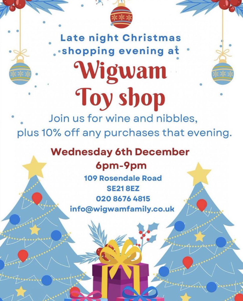 Late night shopping tonight at Wigwam Toy Shop 🙌 10% off any purchases, plus wine and nibbles. Please support our local inde West Dulwich shops, thanks 😊 #lovewestdulwich @Wigwamfamily