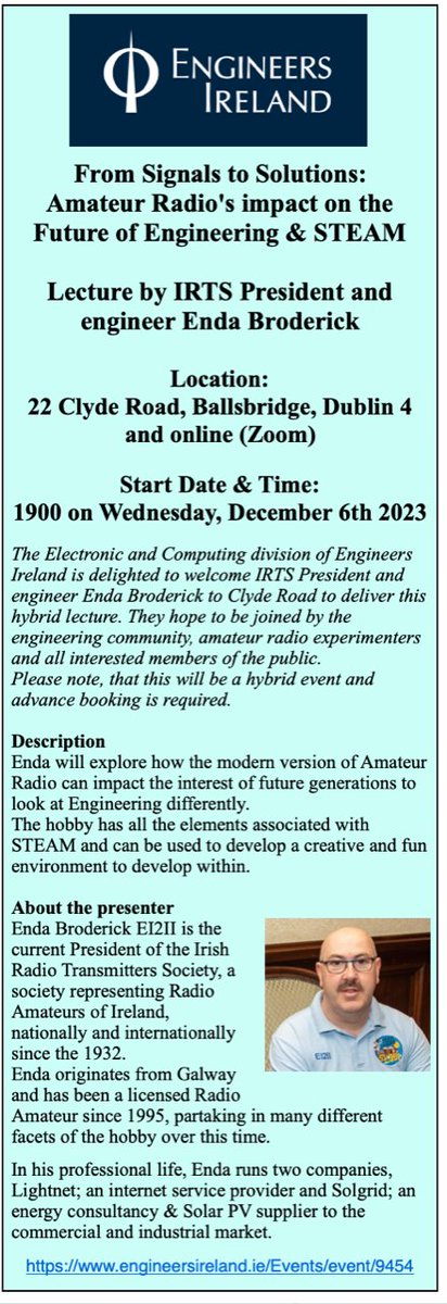 Enda Broderick EI2II @EI0IRTS President will deliver a hybrid lecture 'From Signals to Solutions: Amateur Radio's Impact on the Future of Engineering & STEAM' tonight in @EngineerIreland in person & Online #ham #STEM #AmateurRadio engineersireland.ie/Events/event/9…