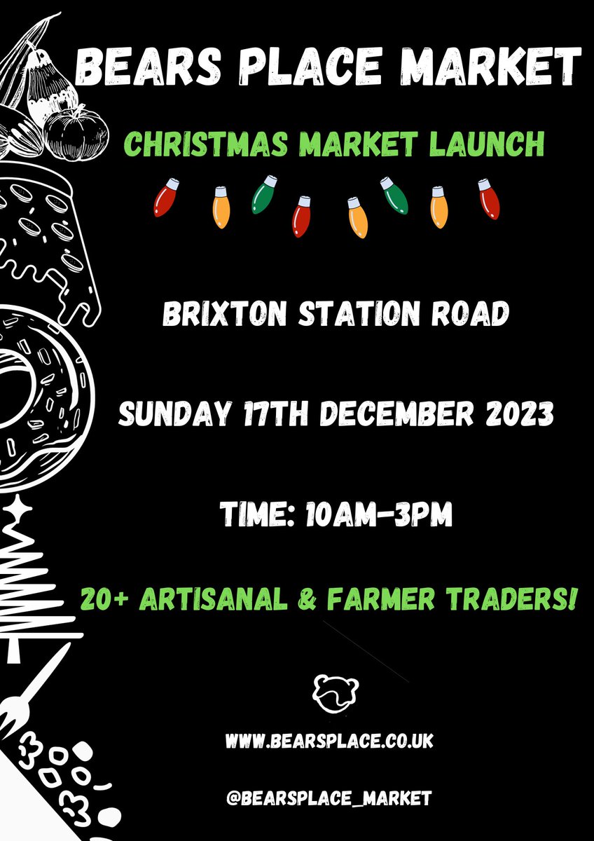 Small biz market in the heart of #brixton Sunday 17th December! Come and join the festivities with 25 traders! There’ll be Mulled wine Cakes, brownies & a pick n mix sweet shop British, organic fruit & veg Hot foods Skincare Homeware Clothing #shoplocal