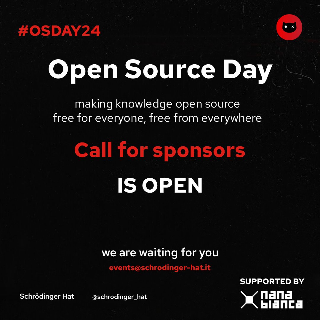 Schrödinger Hat (@schrodinger_hat) on Twitter photo 🌟 Sponsorship call for OSDay 2024 is OPEN! Join us in making this year's event a game-changer. 🙌 Support open source accessibility, knowledge growth, and community inspiration.
📧 Contact us at events@schrodinger-hat.it
More info: osday.dev/sponsor.
#osday24 #conference 🌟 Sponsorship call for OSDay 2024 is OPEN! Join us in making this year's event a game-changer. 🙌 Support open source accessibility, knowledge growth, and community inspiration.
📧 Contact us at events@schrodinger-hat.it
More info: osday.dev/sponsor.
#osday24 #conference