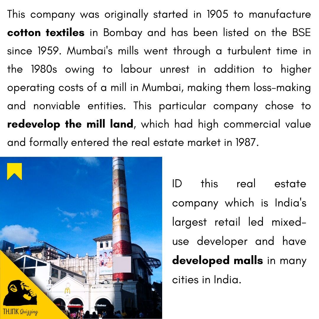 SridharHRS's tweet photo. Quiz 1471) Did you know this real estate company which is into development of malls - was actually started as a cotton textile mill?

#thinkquizzing #quiz #quizmaster #realestate #retail #malls #landdeveloper #textilemills https://t.co/TeHcWwggjV