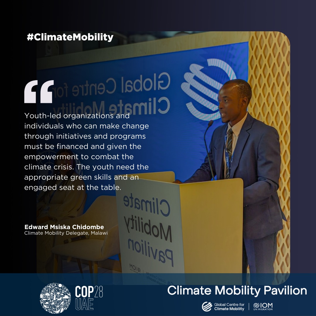 🌍 Inspiring insights from <a href="/EdwardMsiska3/">Edward Msiska</a>, Climate Mobility Delegate, Malawi during the "Youth Lead the Way" event in the Climate Mobility Pavilion at #COP28 

#ClimateMobility