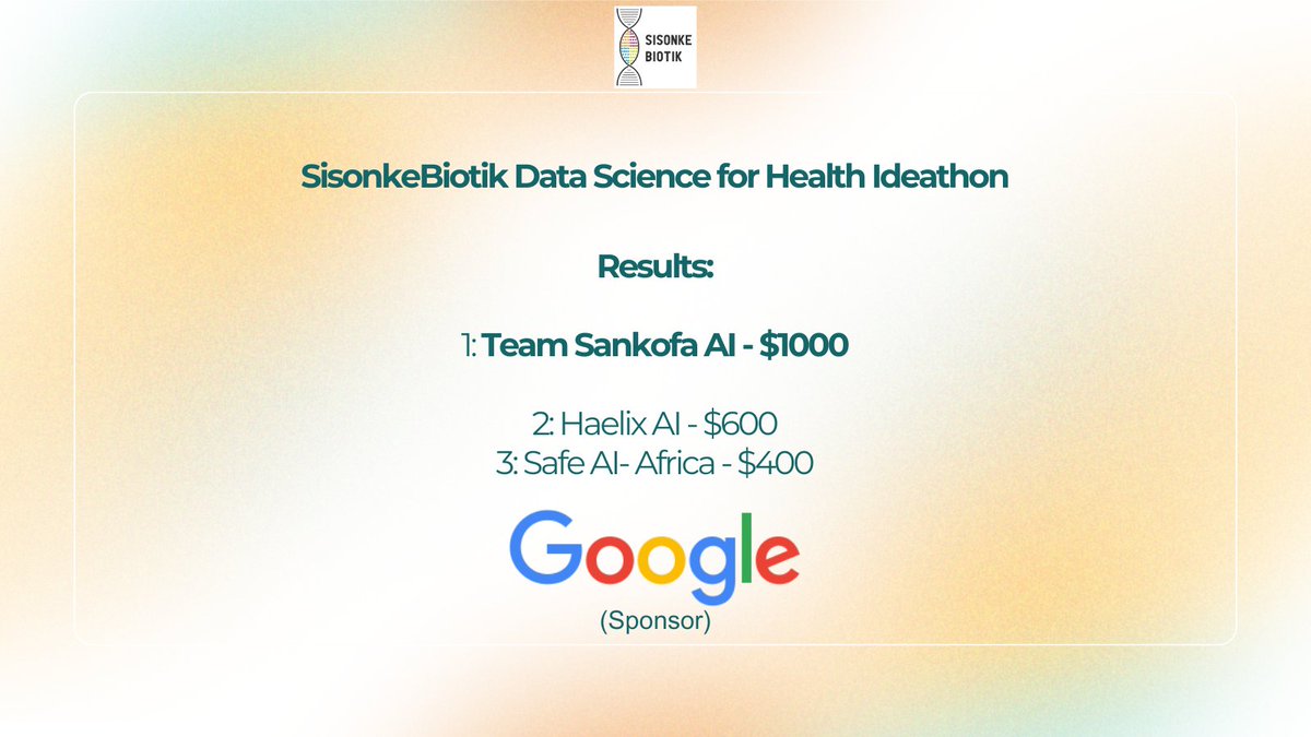 SBiotik's tweet photo. @SBiotik Ideathon - Data Science 4 Health 2023: https://t.co/JLWvlVHe5C

And the top winner for this year’s SisonkeBiotik Data Science for Health in Africa is ... !!!! https://t.co/7y0QRvYt4X