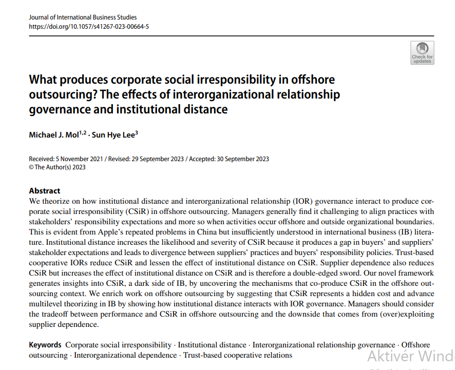 New cool paper in JIBS by SI prof Michael Mol (w/ S H Lee). Michael asks what makes it so hard for firms  to avoid instances of corp social irresponsibility when working with suppliers offshore; builds a framework that can address, answer this. 

shorturl.at/kyKOS

#CSR #IB