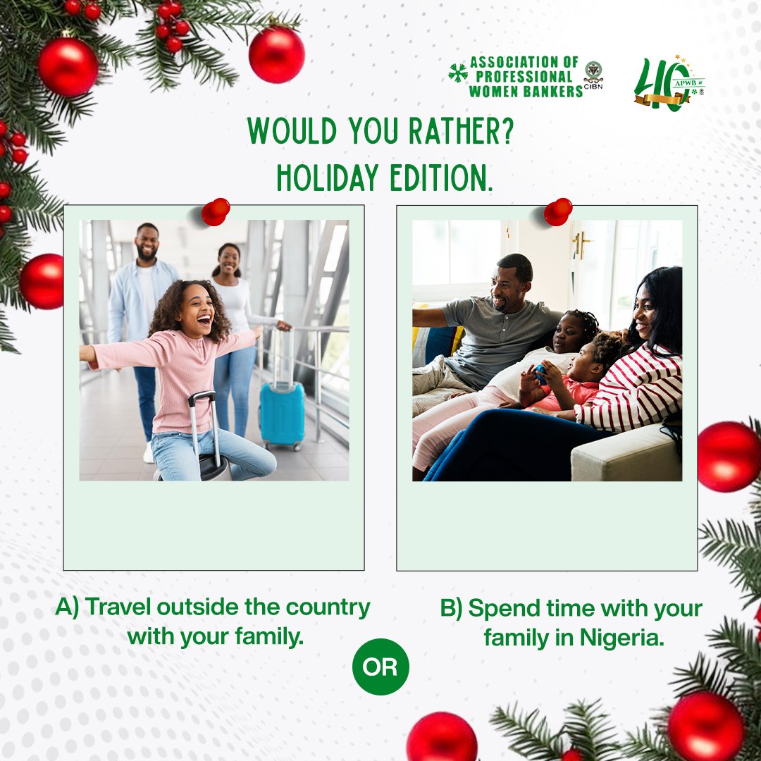 What's your plan for this holiday?

Please share with us in the comments.

#APWB #APWBNigeria #HolidayPlan #HolidayPlans #HolidayPlanning #FemaleBankers #BankingLife