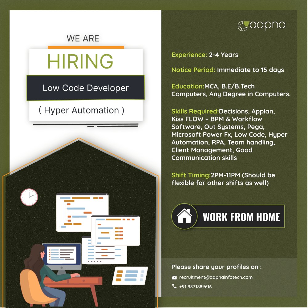 AAPNAInfotech's tweet image. 🚀 Act Fast! Exciting Opportunities Await - Join Our Virtual Team Now! 🌐
👩💻 Calling all IT Commandos: Low Code Developers!
🌟 Experience: 2-3 Years
🏠 Location: Permanent WFH
📷 Send your profile to: recruitment@aapnainfotech.com
#lowcodedevelopment #lowcodedeveloper