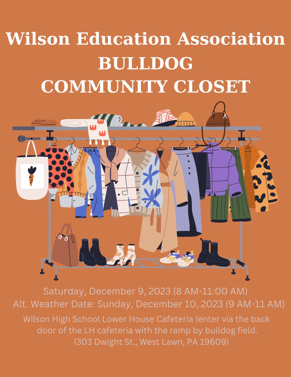 WilsonSchlDist's tweet photo. Wilson Education Association is hosting a community closet. This event is for all adults, and all items are free! All of the clothes and toys available were generously donated by the Wilson School District staff. Come check it out this Saturday! #WilsonSD https://t.co/VzOIzYPgzO