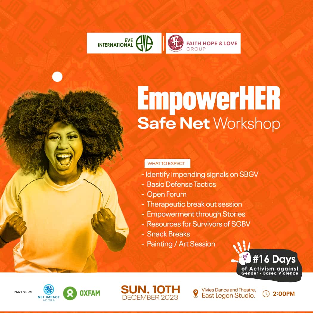 Join us this Sun, 10th Dec for the EmpowerHer Safe Net Workshop at the Vivies Dance Theatre, East Legon. Learn basic self defense tactics, join a painting session, and more! This is a FREE event with LIMITED slots. Register here.. forms.gle/ZyBuSk593rkKbS…   #16daysofactivism