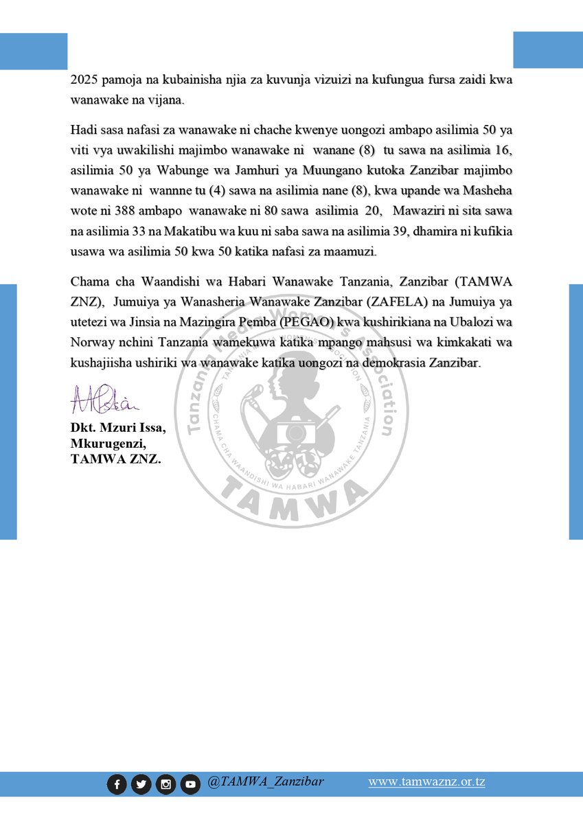 TAMWA_Zanzibar's tweet photo. Asasi za Kiraia kujadili nafasi ya Wanawake na Uongozi Zanzibar.

Karibu katika mdahalo wa kujadili mafanikio na mbinu wezeshi kwa wanawake kushika viti vya uongozi ifikapo uchaguzi 2025 na njia za kuvunja vizuizi na kufungua fursa zaidi kwa wanawake &amp; vijana. #MwanamkeNiKiongozi https://t.co/aYABnu5W1g
