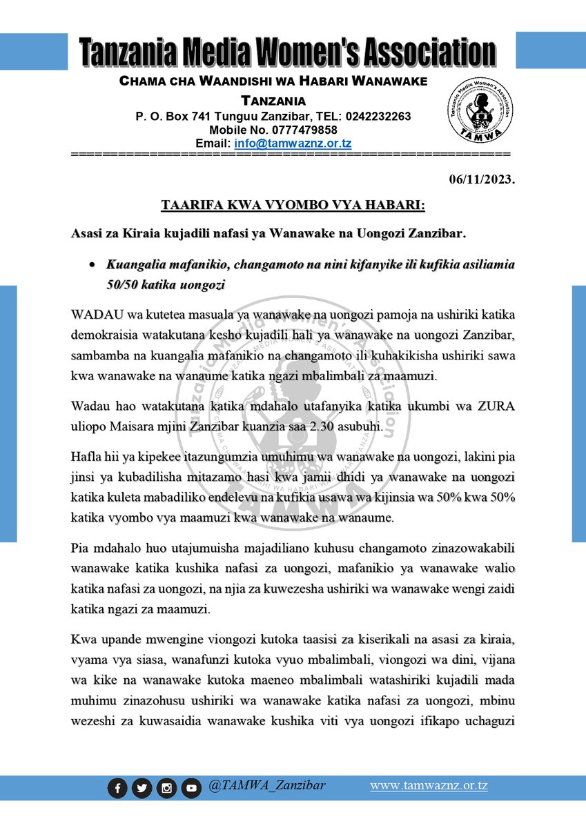 TAMWA_Zanzibar's tweet photo. Asasi za Kiraia kujadili nafasi ya Wanawake na Uongozi Zanzibar.

Karibu katika mdahalo wa kujadili mafanikio na mbinu wezeshi kwa wanawake kushika viti vya uongozi ifikapo uchaguzi 2025 na njia za kuvunja vizuizi na kufungua fursa zaidi kwa wanawake &amp; vijana. #MwanamkeNiKiongozi https://t.co/aYABnu5W1g