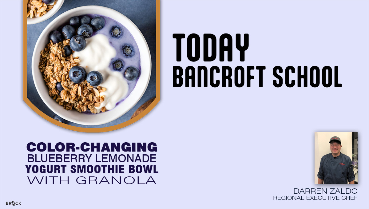 Today is the day @BancroftSchool! Witness the culinary marvel as Regional Executive Chef Darren Zaldo crafts the mesmerizing color-changing blueberry lemonade yogurt smoothie bowls, accompanied by a delightful granola crunch. Don't miss out on the #Brockcoinc #FoodMagic!