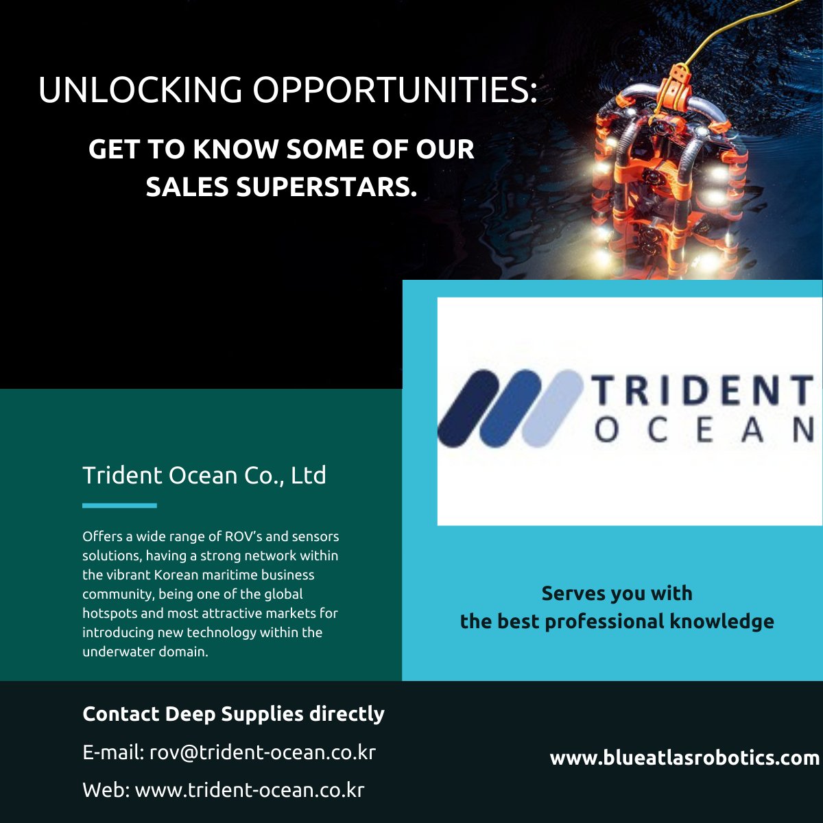 BAR_Robotics's tweet photo. 💧 Trident Ocean Co., Ltd is your gateway to the Korean maritime business community. They provide ROVs and sensor solutions, and they know the global underwater technology market inside out. Connect with Trident Ocean Co., Ltd today. 🌐 #UnlockingOpportunities https://t.co/yM98GM38qW