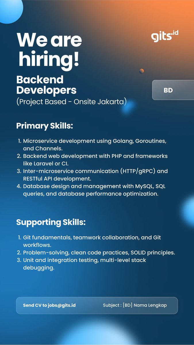 GITS Indonesia (@gitsindonesia) on Twitter photo We are looking for Backend Developer (Project Based-Onsite Jakarta) to join with us!
Check the requirements needed and send your CV to jobs@gits.id
#Hiring #BuildIntegrateManage #EverythingYouNeed #15YearsforYourBiggerImpact #lokercot We are looking for Backend Developer (Project Based-Onsite Jakarta) to join with us!
Check the requirements needed and send your CV to jobs@gits.id
#Hiring #BuildIntegrateManage #EverythingYouNeed #15YearsforYourBiggerImpact #lokercot