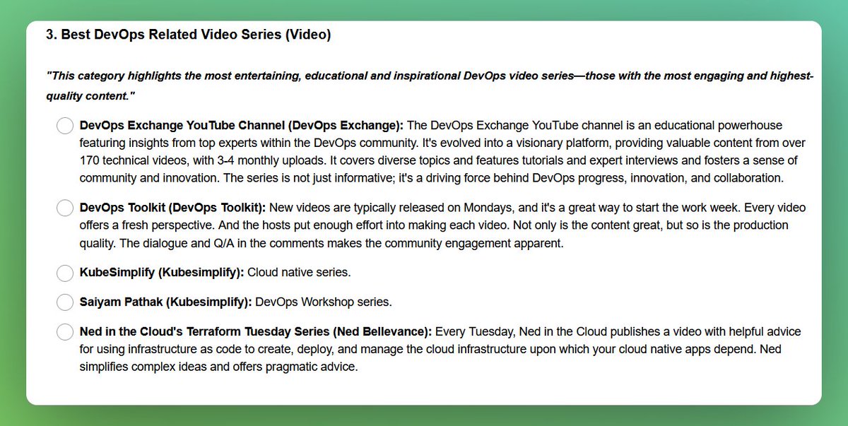Exciting news 🎉🎉

We are a finalist for Dozen Best DevOps Series 2023 award in "Best DevOps Related Video Series" 🎉

If "Kubesimplify" has ever helped you and created impact, support us by voting before December 31st, 5:00 PM ET!❤️

Vote here: surveymonkey.com/r/DevOpsDozen2…