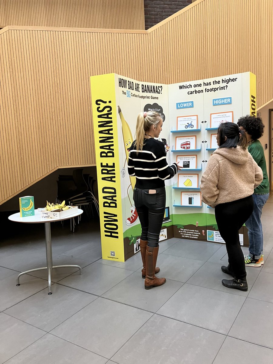 KUsustainable's tweet photo. The #HowBadAreBananas game is back @KingstonUni Kingston Hill Business School. Part of events on campus for COP28. Come by and say hi and find out more about our carbon footprint. #Sustainability #COP28 https://t.co/2Jpgvtfz00