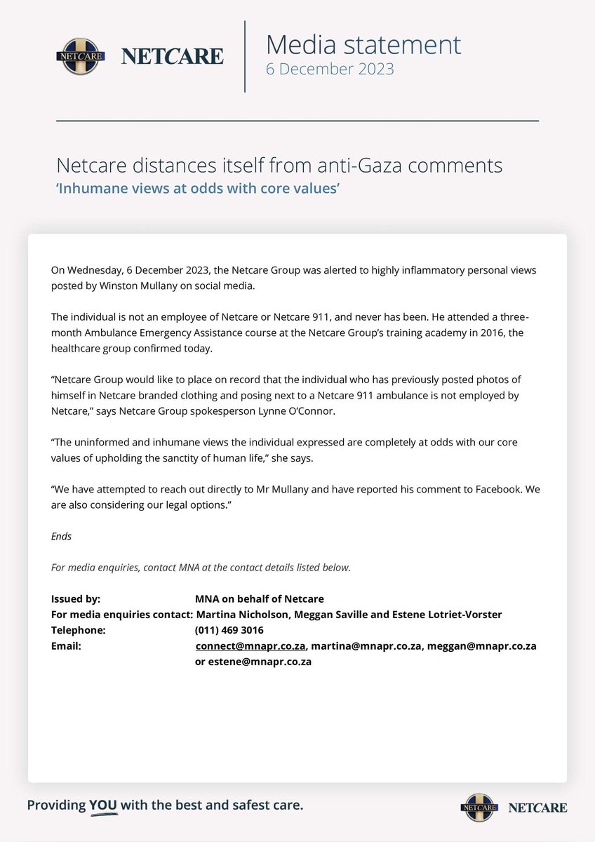 Netcare distances itself from anti-Gaza comments.