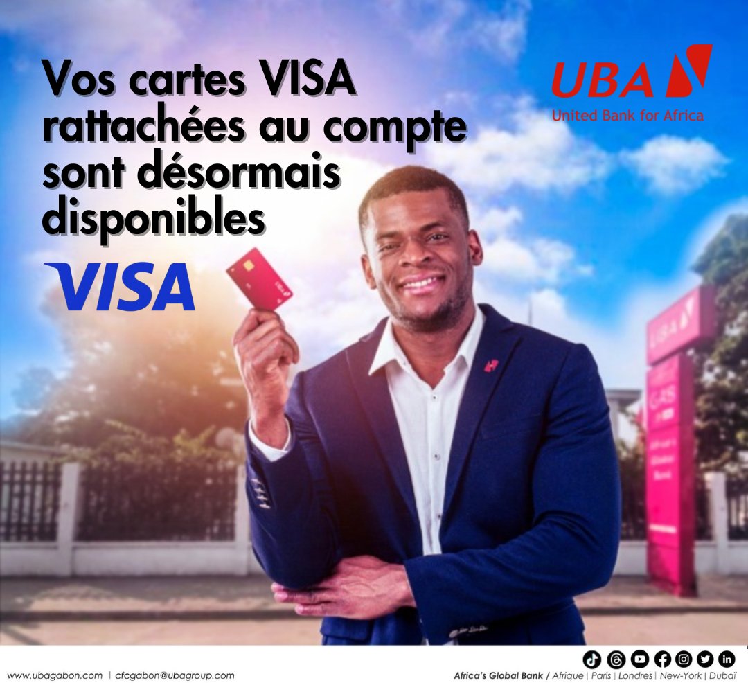 Vous êtes titulaire d'un compte chez UBA GABON et vous n'avez pas de carte liée à votre compte bancaire?

Passez dès aujourd'hui dans nos agences faire la demande de votre carte VISA.

#Rapidité #Facilité #Fiabilité #Disponibilité
#AfricasGlobalBank