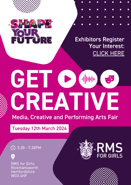 RMS Futures (@rmscareersdept) on Twitter photo Excited to announce our 'Get Creative' Fair <a href="/RMSforGirls/">RMS for Girls</a> on 12th March, highlighting careers in the Media, Creative & Performing Arts sectors. Invitations for students & parents to follow in New Year, but interested Exhibitors can register interest here forms.gle/aCr95gHHZdZNxn… Excited to announce our 'Get Creative' Fair <a href="/RMSforGirls/">RMS for Girls</a> on 12th March, highlighting careers in the Media, Creative & Performing Arts sectors. Invitations for students & parents to follow in New Year, but interested Exhibitors can register interest here forms.gle/aCr95gHHZdZNxn…