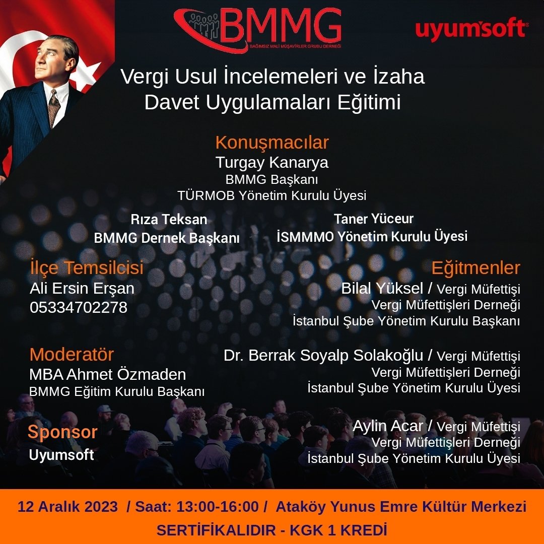 BMMG  ve Uyumsoft'un sponsor olduğu V.U İncelemeleri ve İzaha Davet Uygulamaları konulu eğitim seminerimiz 12 Aralık Salı günü Ataköy Yunus Emre Kültür Merkezi'nde düzenlenecektir Eğitimimiz sertifikalı ve ücretsizdir.
meslektaşlarımız ve aday meslektaşlarımız davetlidir. #vuk