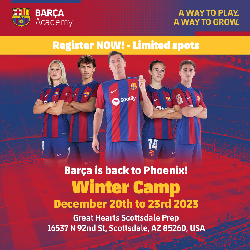 Barça is back to Phoenix this December with a new edition of the Barça Academy Winter Camp from 20th to 23rd December 2023. Enjoy an unforgettable experience with your friends training and playing the Barça way. Limited spots available, register now! 👇 barca.link/gpnz50QcPRN