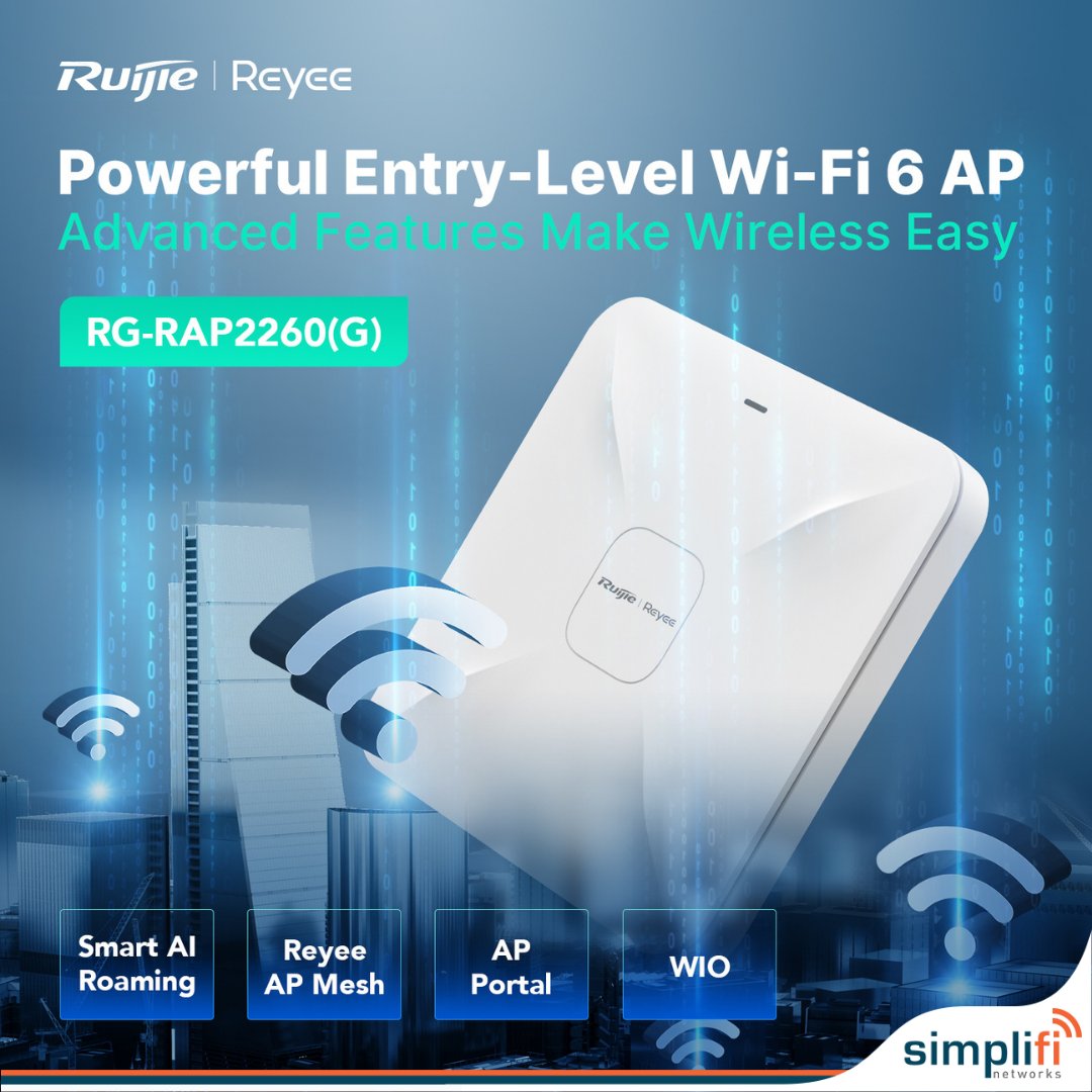 SimplifiNetwork's tweet image. Elevate your connectivity with the Reyee RG-RAP2260(G) Wi-Fi 6 AX1800 Ceiling Access Point.

Get in touch for orders and exclusive pricing:

#WiFi6 #RuijieTech #IndoorAccessPoint