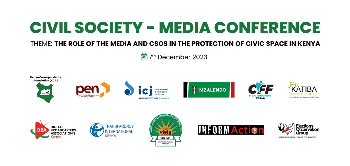 @KCA_KENYA in collaboration with Civil Society partners are hosting a conference on the 'Role of the Media and CSOs in the Protection of Civic Space in Kenya'. The conference is set to take place tomorrow Dec 7th 2023.