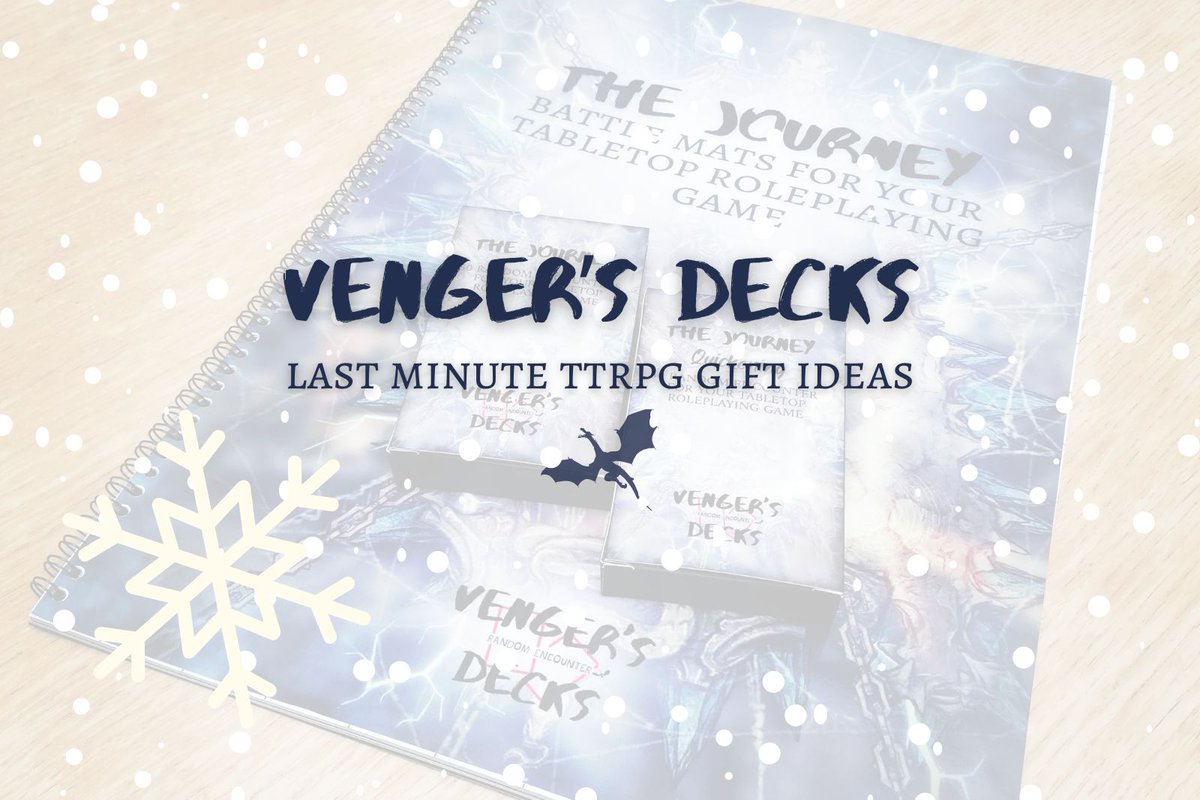 vengersdecks's tweet photo. Last minute #ttrpg festive gift ideas - battle mat book, encounter decks &amp; packs, dice trays, gift card, and more! ❄️

Dive first into this: https://t.co/FHlnyVG3ls

#dungeonmaster #gamemaster #dnd #pathfinder #dungeonsanddragons #ttrpggifts #rpggifts #dndgifts #dndgiftideas https://t.co/KLSEsMMUzF