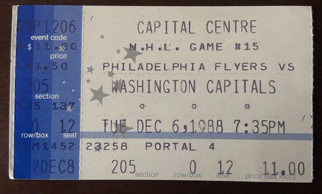 StubsUsed's tweet photo. OTD in 1988 - The Washington Capitals beat the Philadelphia Flyers 4-3 at the Capital Centre in Landover, MD. Mike Ridley had three goals and an assist to lead the Caps and Pete Peeters stopped 21 shots for the win. https://t.co/VIYgajNc3k