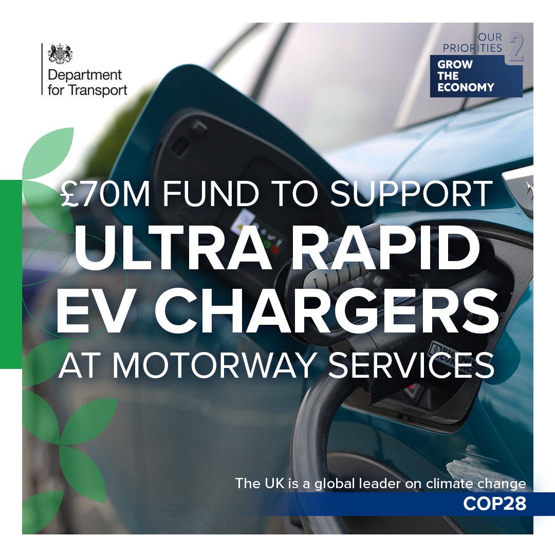 Today at #COP28 we’ve launched a £70 million pilot scheme to power up motorway service areas and pave the way for ultra-rapid EV chargepoints.⚡️🚗 ✅Decarbonising transport ✅Making it easier for drivers to transition to EVs More on our work at @COP28_UAE:gov.uk/government/new…