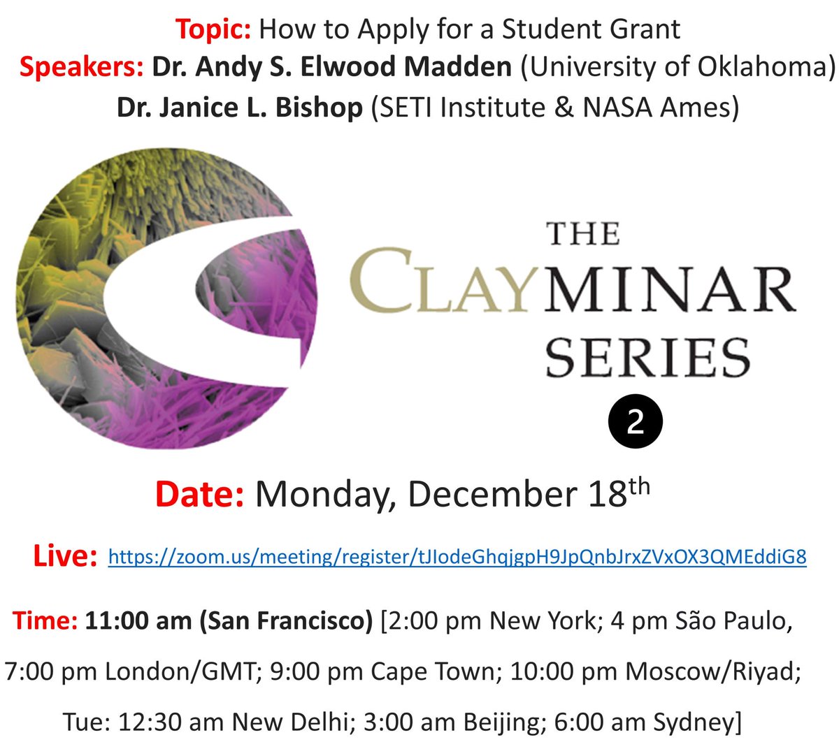 ClayMineralsSociety (@clayminsociety) on Twitter photo Hello clay community,
Don't miss out our second episode of the Clayminar series! Register here:
zoom.us/meeting/regist…
<a href="/CMG_minsoc/">Clay Minerals Group</a> #student #grant #clay Hello clay community,
Don't miss out our second episode of the Clayminar series! Register here:
zoom.us/meeting/regist…
<a href="/CMG_minsoc/">Clay Minerals Group</a> #student #grant #clay