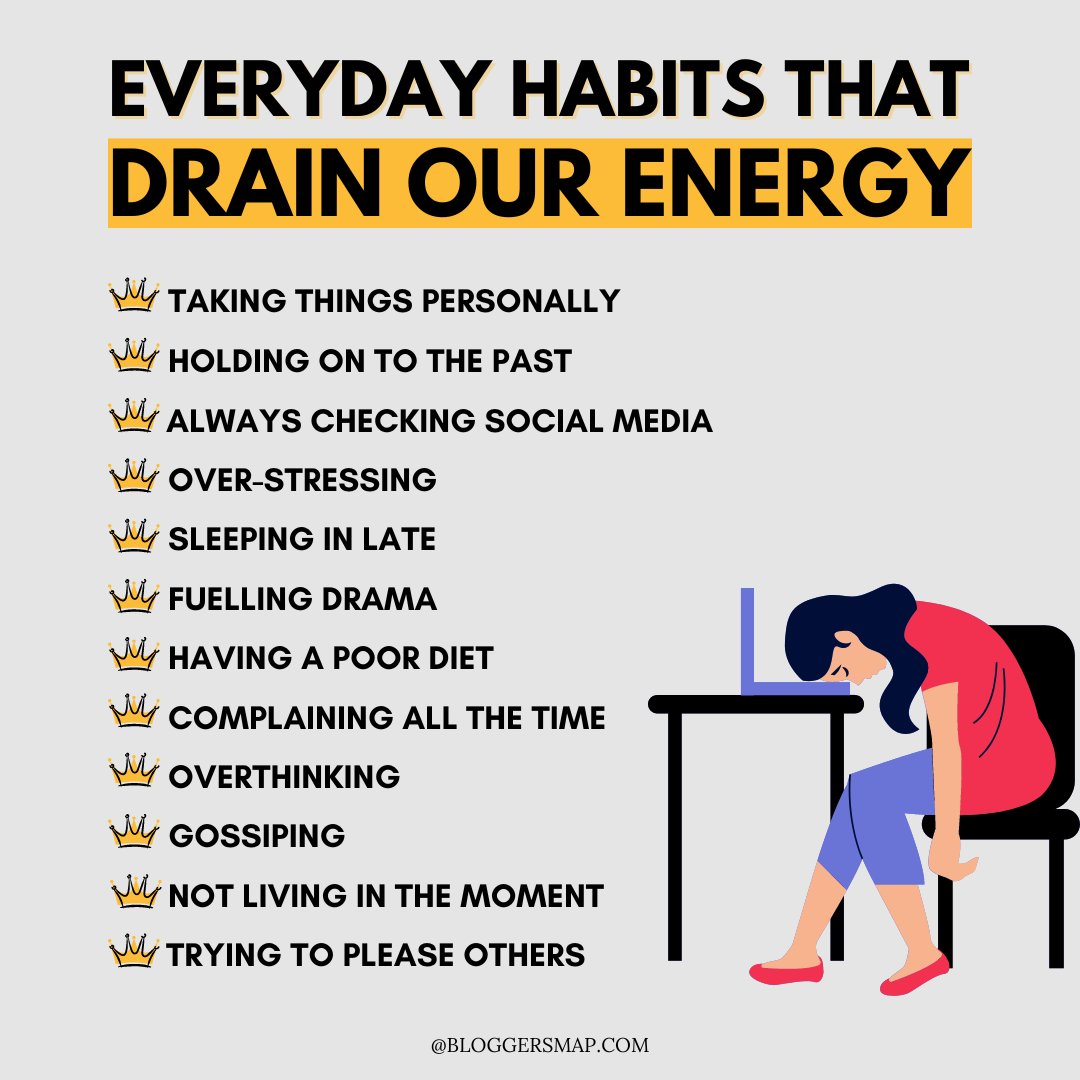 Be mindful of the small choices you make each day and avoid these habits that drain your vitality.

#badhabits #habitsforsuccess #habitsforhappiness #boostenergy #boostenergylevels #bloggersmap