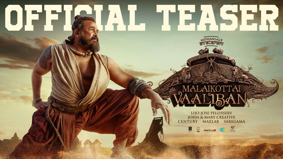 #MalaikottaiVaaliban TEASER🔥
Link - youtu.be/NKX7RGZXBWc?si…

Stars : Mohanlal - Sonalee Kulkarni - Hareesh Peradi - Danish Sait - Nandi
Music : Prashant Pillai (Unda)
Direction : Lijo Jose Pellissery (Nanpakal Nerathu Mayakkam)

JANUARY 25 2024 Release.
A Pan-India Release!!