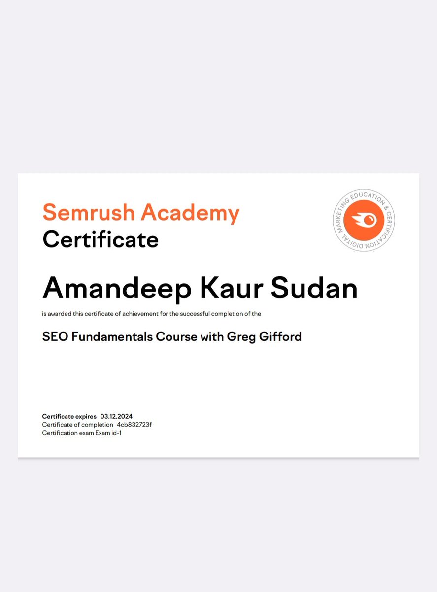 Amandeep141126's tweet photo. Grateful for achieving my SEO certification. Thankyou @EKarmaIND, @highereduHRY
and @mlkhattar for providing digital marketing training. l am also thankful to @semrush and @SemrushAcademy
#ekarma #semrush #semrushacadmy #semrushcertified #SEOCertification
#SEO https://t.co/Tc6xgvKk2m