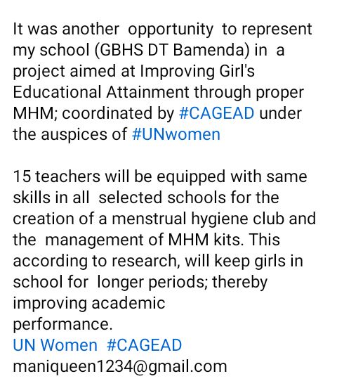 QueentarShiwoh's tweet photo. "Improving Girls Educational Attainment through proper MHM".  @unwomenafrica @cageadOrg. We're putting hands on deck to ensure the smooth realization of this project that will keep our teenage girls in school https://t.co/aVr0a0Pj6O