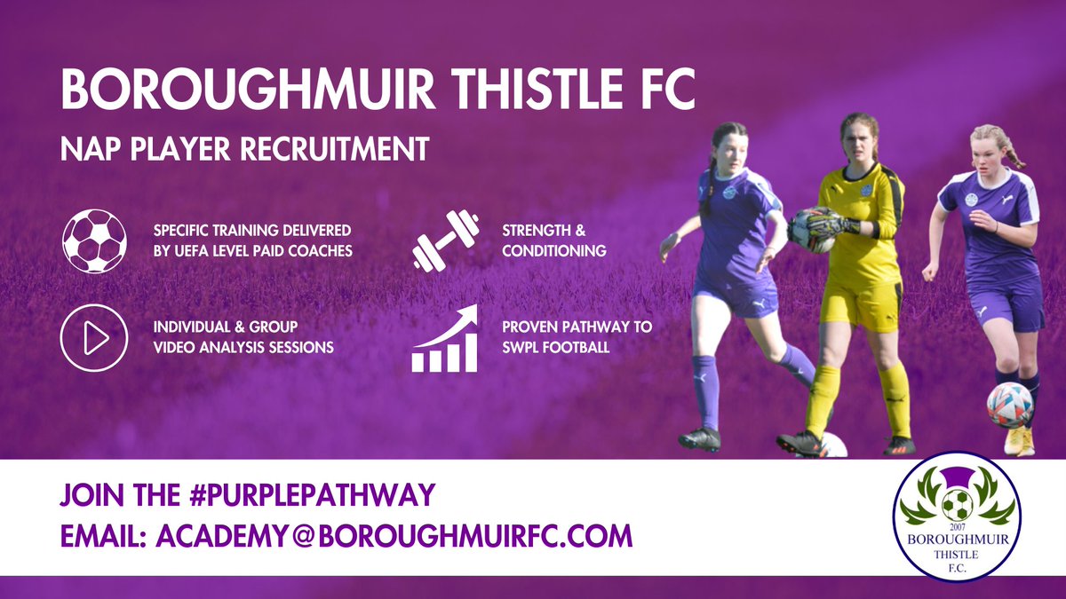 🟣 National Academy Programme

We are recruiting for players across our performance pathway 📈

We are particularly interested in players at U14 level (2010/2011)

📧 Contact academy@boroughmuirfc.com to organise a trial 

#PurplePathway 🟣