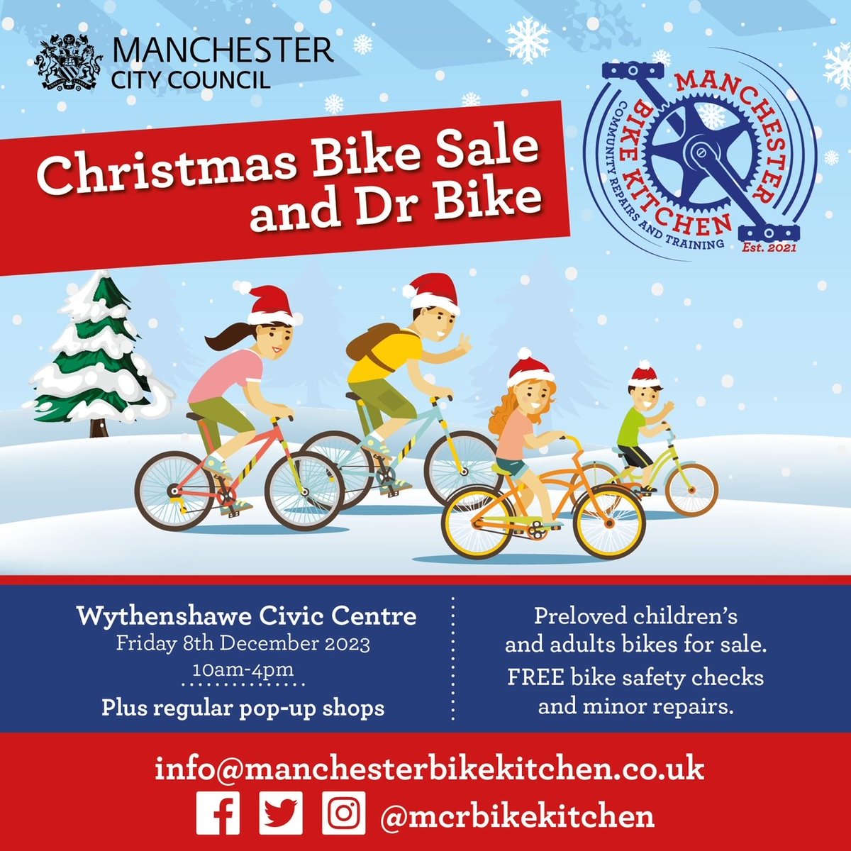 Christmas Bike Sale & Dr. Bike Manchester Bike Kitchen are at the Wythenshawe Civic Centre on Friday (08th December) from 10am until 4pm. Bikes for sale and free bike safety checks and repairs.