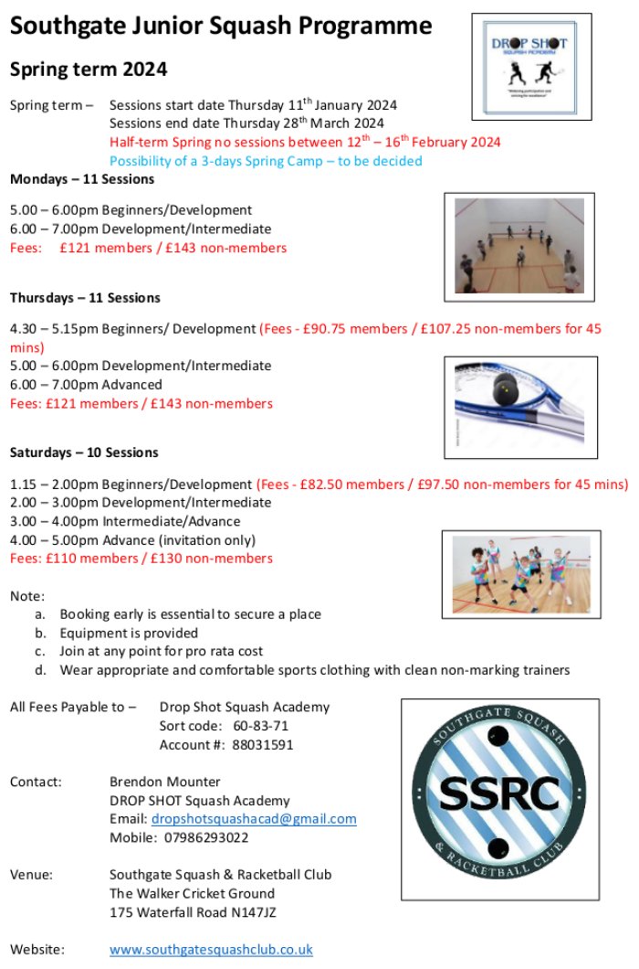 Junior Squash Coaching Programme <a href="/S_SR_C/">SSRC</a>. Spring 2024 sessions start 11th Jan 2024. Equipment provided. Booking early is essential to reserve a place.