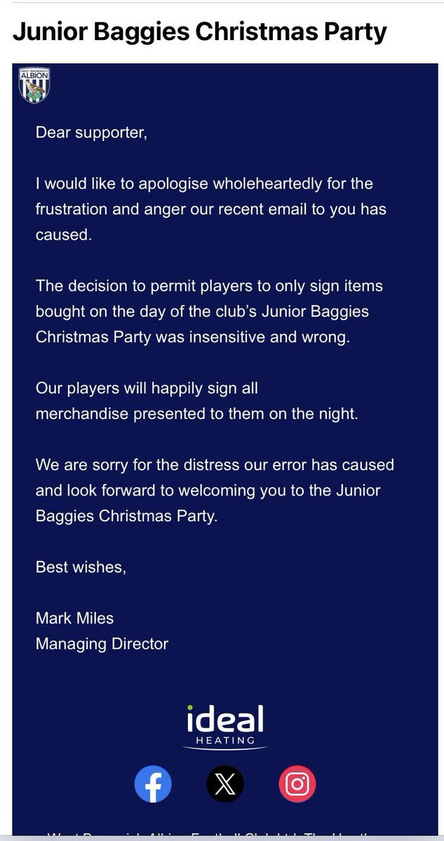West Brom have now u-turned on its proof of purchase policy for young fans and emailed supporters apologising for a 'insensitive and wrong' decision. Really pleased they listened, but mad that the club ever thought it was a good idea.
